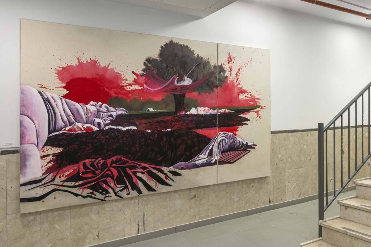 מפחמה, אקריליק ושמן על בד (שני חלקים), 2019, 300X210 ס"מ מתוך: הדרך לעין חרוד #5 – הזמן השבור, הגלריה לאמנות אום אל פחם, אפריל 2019 צילום: לנה גומון באדיבות אפרת גל-נור